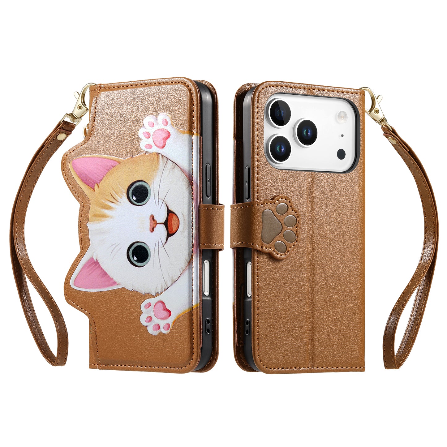 For iPhone 18 Pro / 17 Pro Case Cute Cat Pattern PU Leather Wallet Phone Cover with Wrist Strap