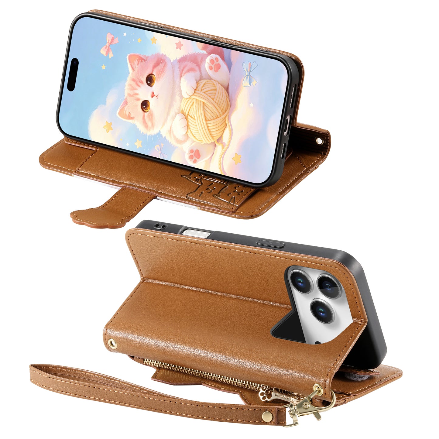 For iPhone 18 Pro / 17 Pro Case Cute Cat Pattern PU Leather Wallet Phone Cover with Wrist Strap