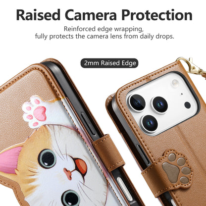 For iPhone 18 Pro / 17 Pro Case Cute Cat Pattern PU Leather Wallet Phone Cover with Wrist Strap