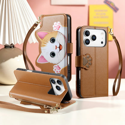 For iPhone 18 Pro / 17 Pro Case Cute Cat Pattern PU Leather Wallet Phone Cover with Wrist Strap