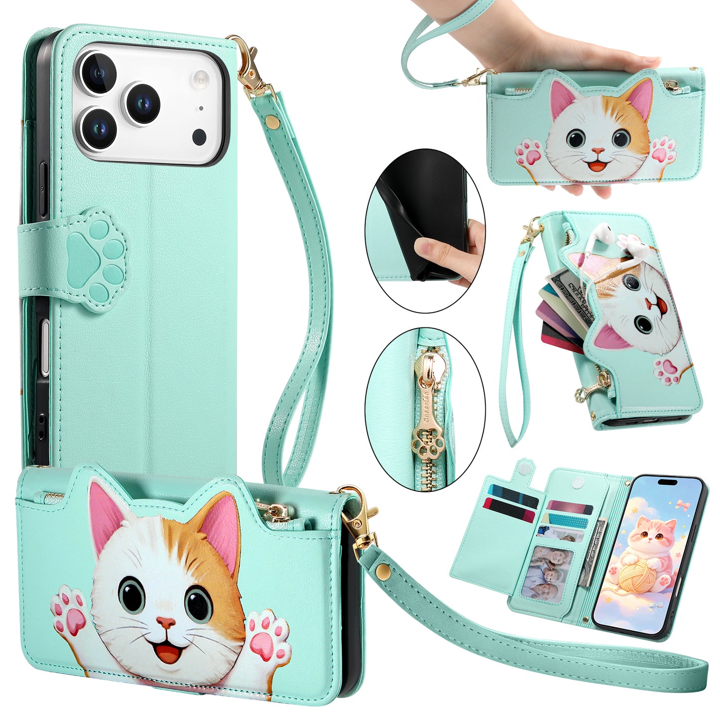 For iPhone 18 Pro / 17 Pro Case Cute Cat Pattern PU Leather Wallet Phone Cover with Wrist Strap