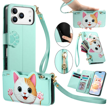 For iPhone 18 Pro / 17 Pro Case Cute Cat Pattern PU Leather Wallet Phone Cover with Wrist Strap