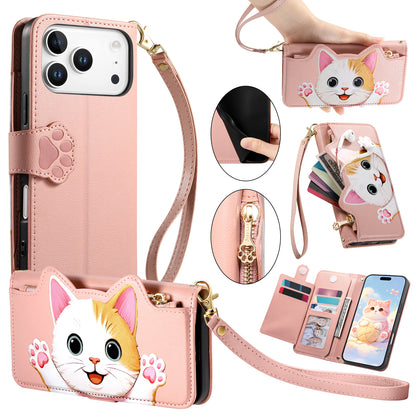 For iPhone 18 Pro / 17 Pro Case Cute Cat Pattern PU Leather Wallet Phone Cover with Wrist Strap