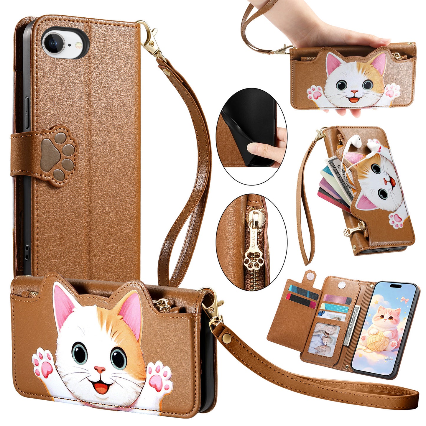 For iPhone 16e / iPhone 17e Case Cute Cat Pattern PU Leather Wallet Phone Cover with Wrist Strap