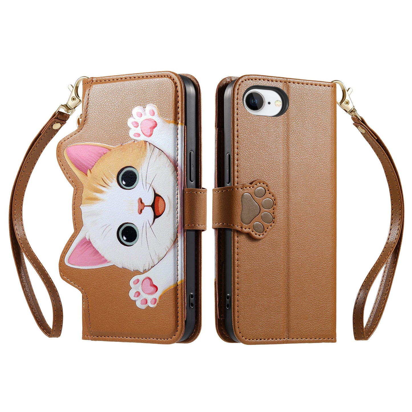 For iPhone 16e / iPhone 17e Case Cute Cat Pattern PU Leather Wallet Phone Cover with Wrist Strap