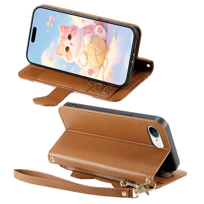 For iPhone 16e / iPhone 17e Case Cute Cat Pattern PU Leather Wallet Phone Cover with Wrist Strap