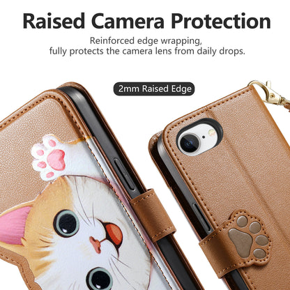 For iPhone 16e / iPhone 17e Case Cute Cat Pattern PU Leather Wallet Phone Cover with Wrist Strap