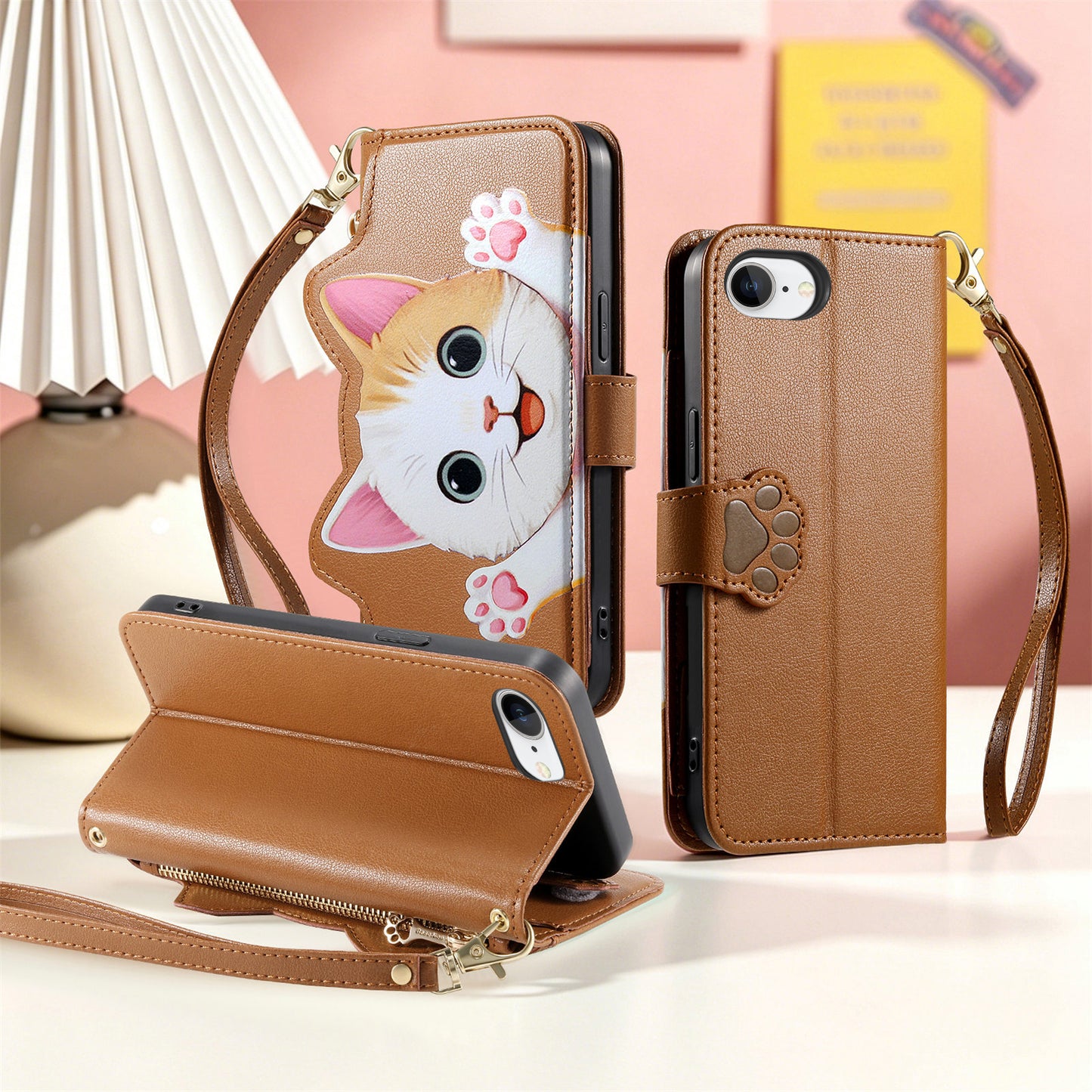 For iPhone 16e / iPhone 17e Case Cute Cat Pattern PU Leather Wallet Phone Cover with Wrist Strap