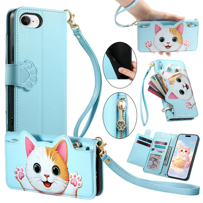 For iPhone 16e / iPhone 17e Case Cute Cat Pattern PU Leather Wallet Phone Cover with Wrist Strap