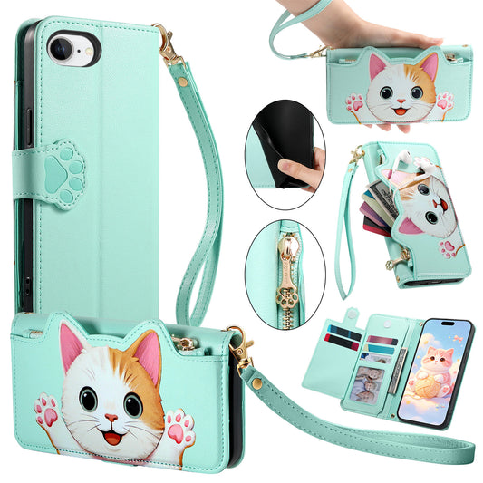 For iPhone 16e / iPhone 17e Case Cute Cat Pattern PU Leather Wallet Phone Cover with Wrist Strap