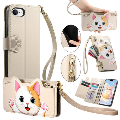 For iPhone 16e / iPhone 17e Case Cute Cat Pattern PU Leather Wallet Phone Cover with Wrist Strap