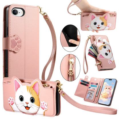 For iPhone 16e / iPhone 17e Case Cute Cat Pattern PU Leather Wallet Phone Cover with Wrist Strap