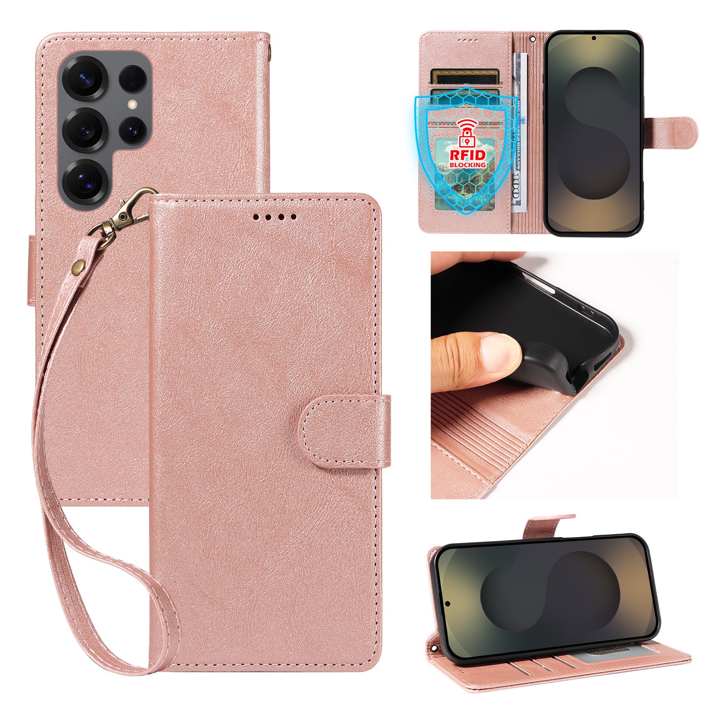 For Samsung Galaxy S25 Ultra Case with Wrist Strap RFID Blocking Wallet Cowhide Texture Leather Phone Cover