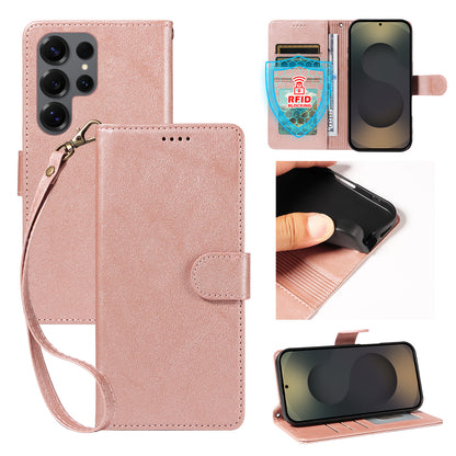 For Samsung Galaxy S25 Ultra Case with Wrist Strap RFID Blocking Wallet Cowhide Texture Leather Phone Cover