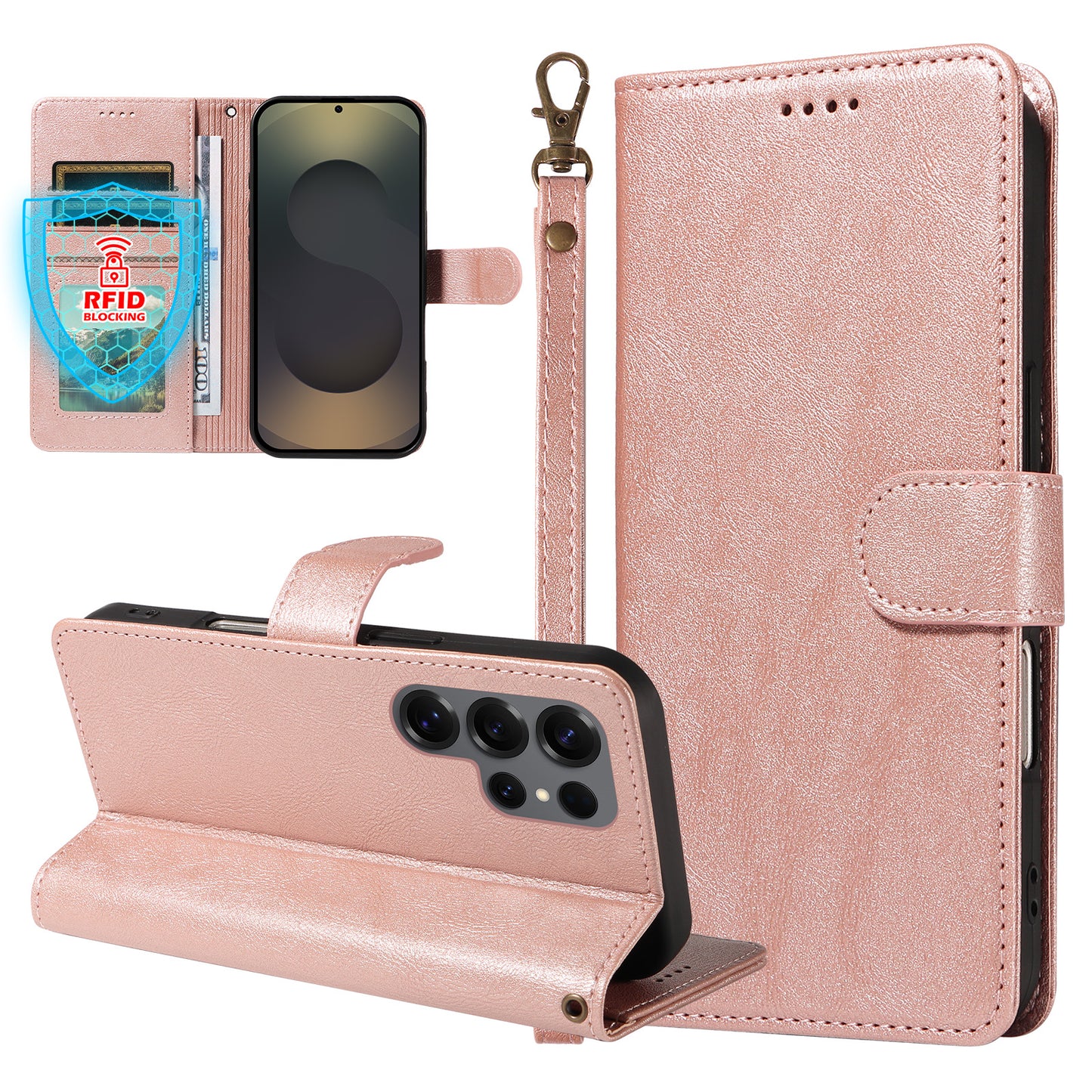 For Samsung Galaxy S25 Ultra Case with Wrist Strap RFID Blocking Wallet Cowhide Texture Leather Phone Cover