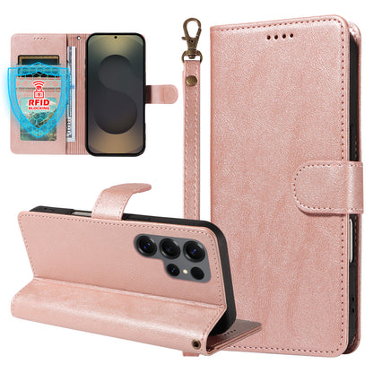 For Samsung Galaxy S25 Ultra Case with Wrist Strap RFID Blocking Wallet Cowhide Texture Leather Phone Cover