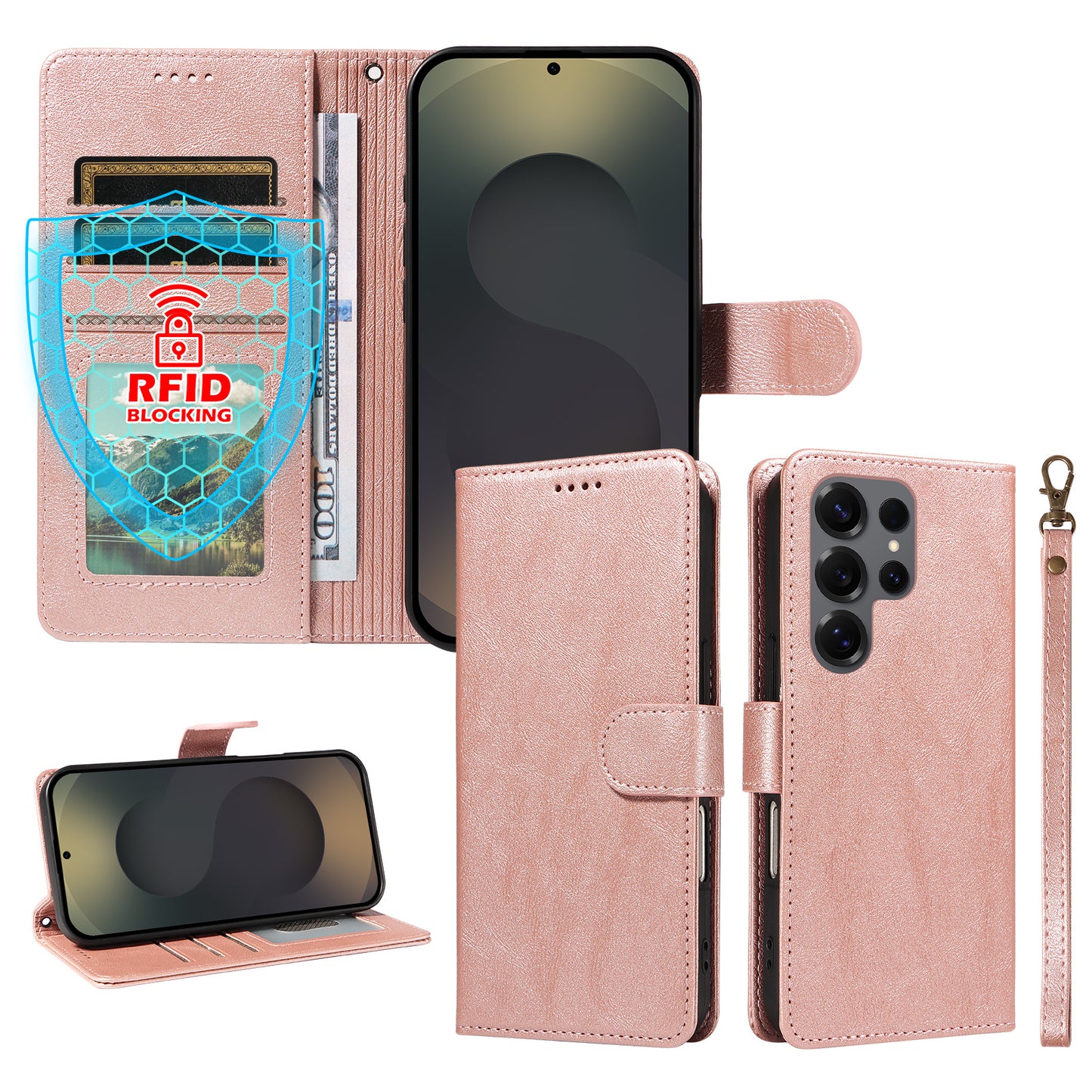 For Samsung Galaxy S25 Ultra Case with Wrist Strap RFID Blocking Wallet Cowhide Texture Leather Phone Cover