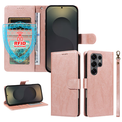 For Samsung Galaxy S25 Ultra Case with Wrist Strap RFID Blocking Wallet Cowhide Texture Leather Phone Cover