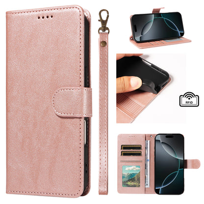 For Samsung Galaxy S25 Ultra Case with Wrist Strap RFID Blocking Wallet Cowhide Texture Leather Phone Cover