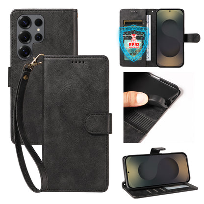 For Samsung Galaxy S25 Ultra Case with Wrist Strap RFID Blocking Wallet Cowhide Texture Leather Phone Cover