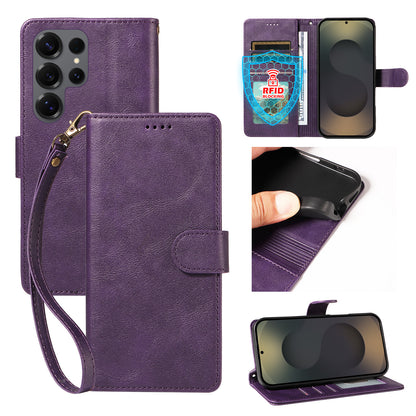 For Samsung Galaxy S25 Ultra Case with Wrist Strap RFID Blocking Wallet Cowhide Texture Leather Phone Cover