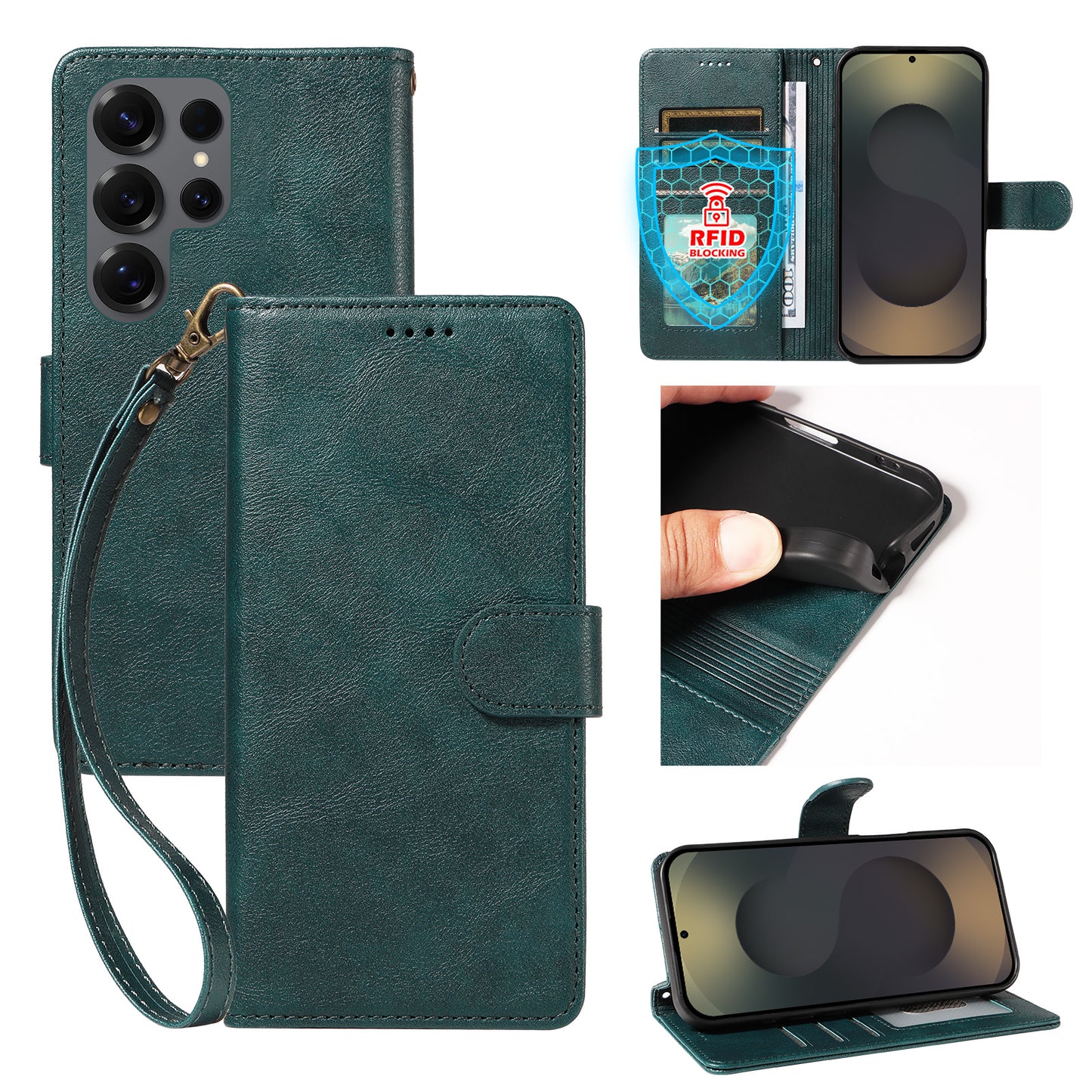 For Samsung Galaxy S25 Ultra Case with Wrist Strap RFID Blocking Wallet Cowhide Texture Leather Phone Cover