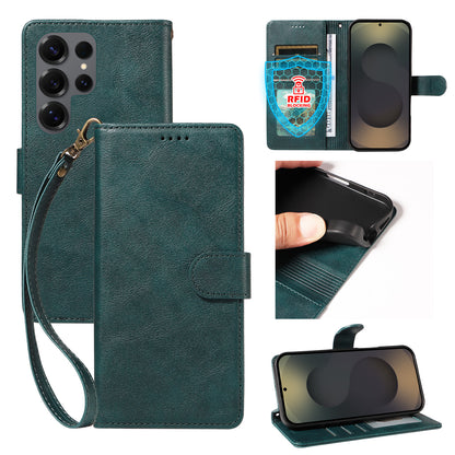 For Samsung Galaxy S25 Ultra Case with Wrist Strap RFID Blocking Wallet Cowhide Texture Leather Phone Cover
