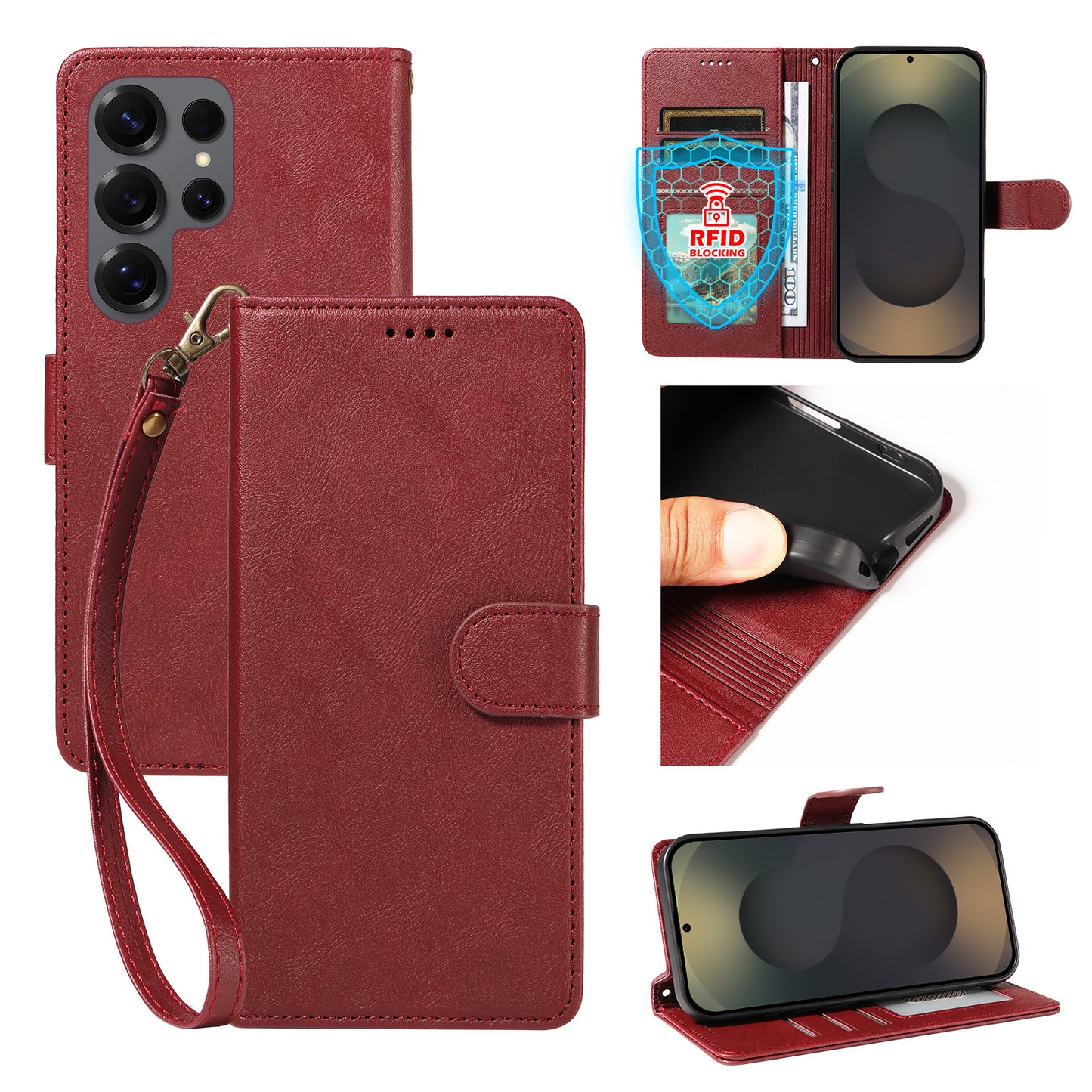 For Samsung Galaxy S25 Ultra Case with Wrist Strap RFID Blocking Wallet Cowhide Texture Leather Phone Cover