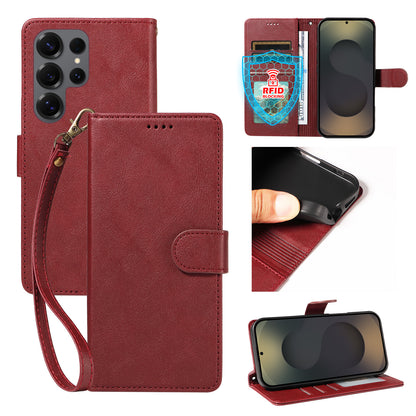 For Samsung Galaxy S25 Ultra Case with Wrist Strap RFID Blocking Wallet Cowhide Texture Leather Phone Cover