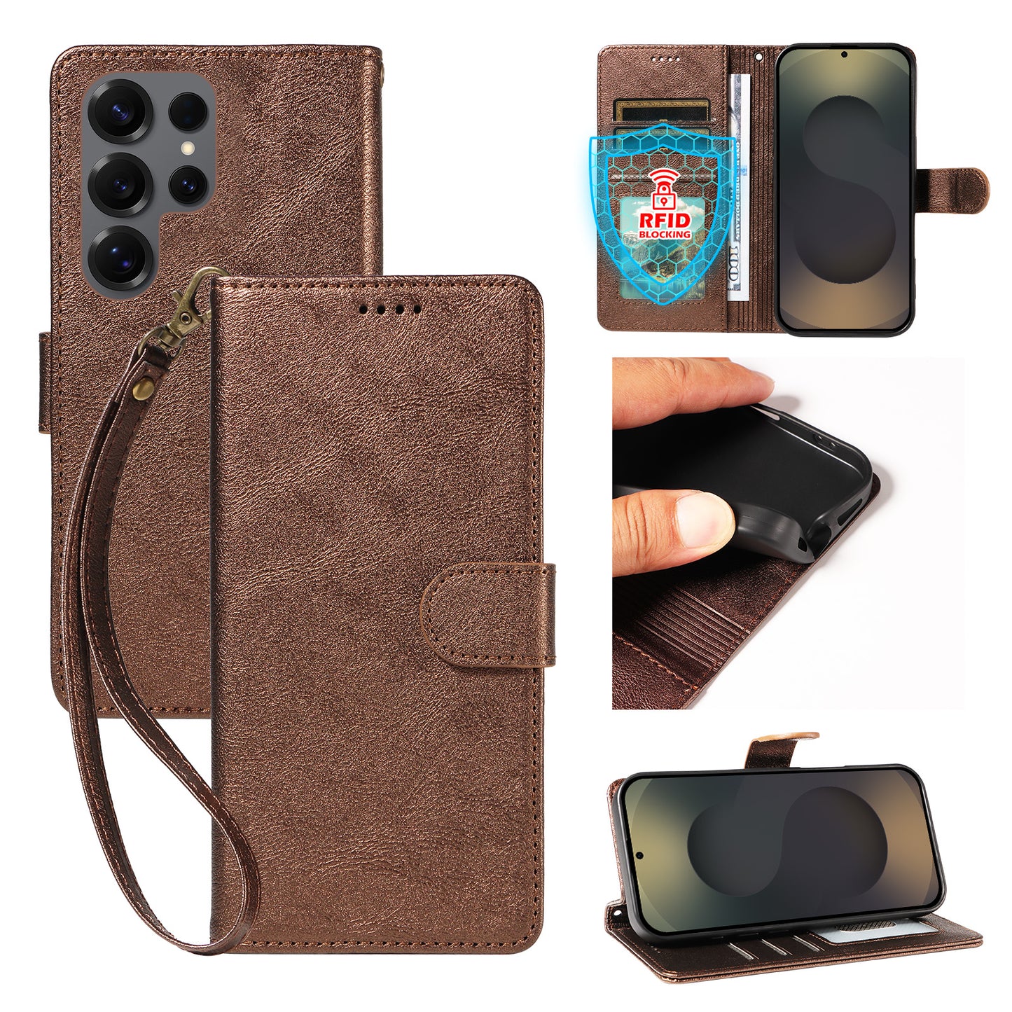 For Samsung Galaxy S25 Ultra Case with Wrist Strap RFID Blocking Wallet Cowhide Texture Leather Phone Cover