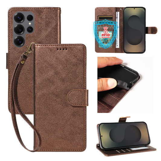 For Samsung Galaxy S25 Ultra Case with Wrist Strap RFID Blocking Wallet Cowhide Texture Leather Phone Cover