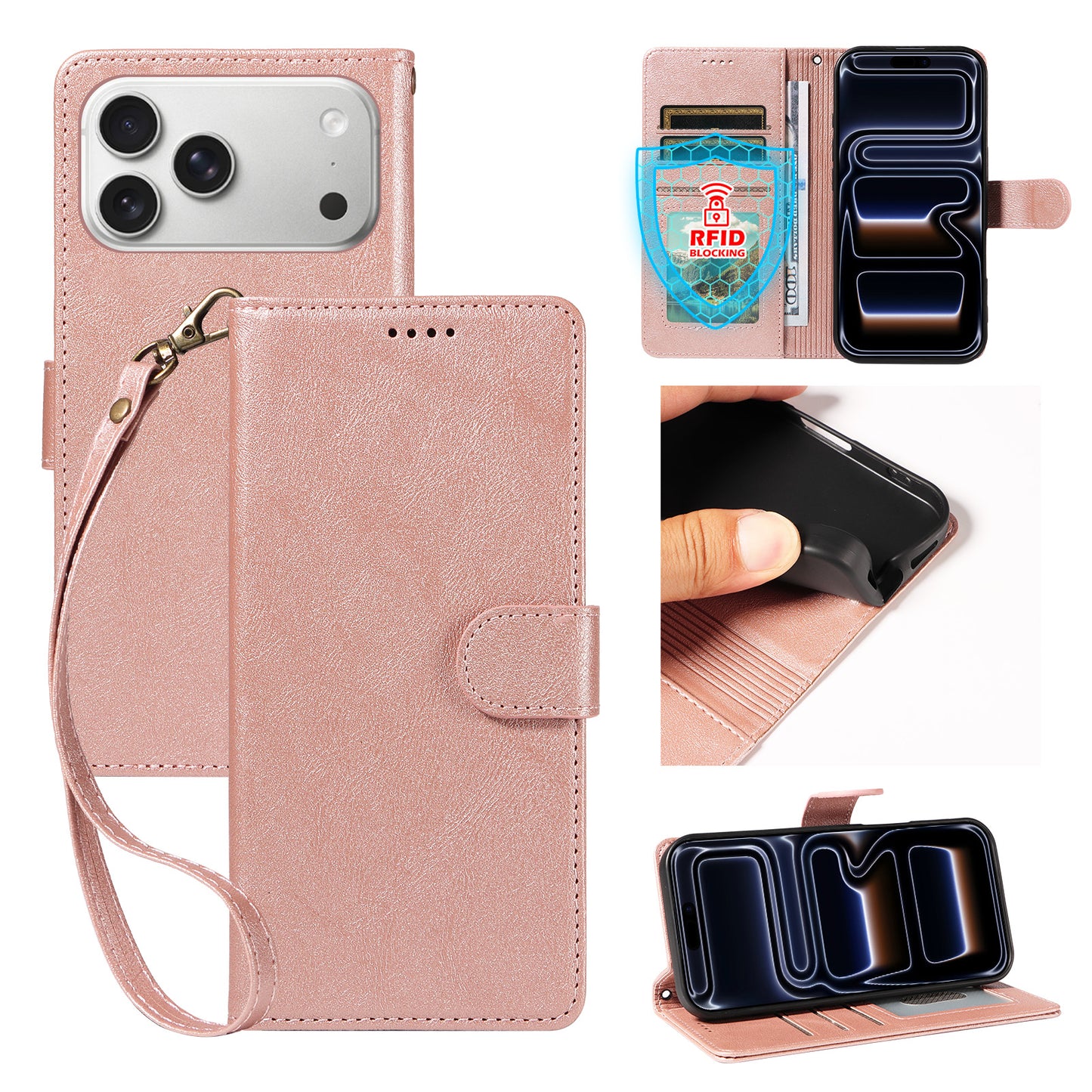 For iPhone 18 Pro Max / iPhone 17 Pro Max Case with Wrist Strap RFID Blocking Wallet Cowhide Texture Leather Phone Cover