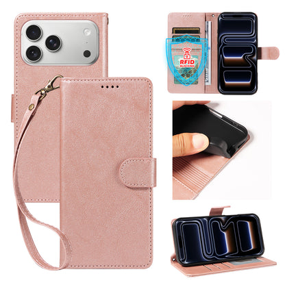 For iPhone 18 Pro Max / iPhone 17 Pro Max Case with Wrist Strap RFID Blocking Wallet Cowhide Texture Leather Phone Cover