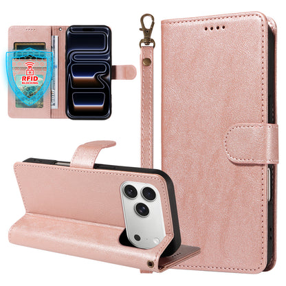 For iPhone 18 Pro Max / iPhone 17 Pro Max Case with Wrist Strap RFID Blocking Wallet Cowhide Texture Leather Phone Cover