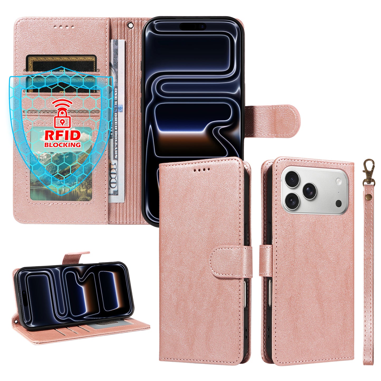 For iPhone 18 Pro Max / iPhone 17 Pro Max Case with Wrist Strap RFID Blocking Wallet Cowhide Texture Leather Phone Cover
