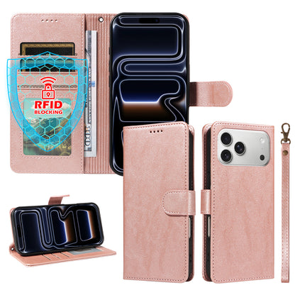 For iPhone 18 Pro Max / iPhone 17 Pro Max Case with Wrist Strap RFID Blocking Wallet Cowhide Texture Leather Phone Cover