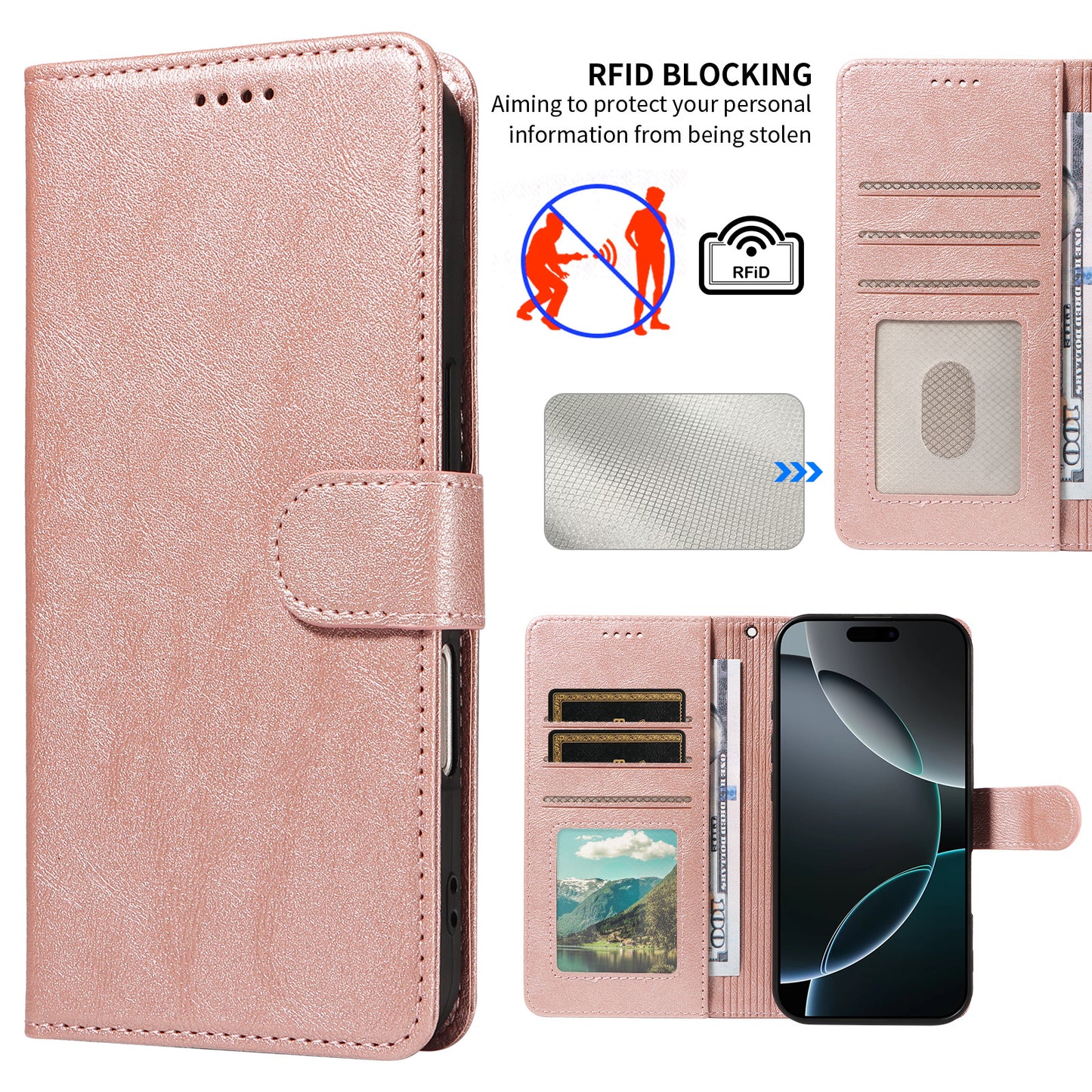 For iPhone 18 Pro Max / iPhone 17 Pro Max Case with Wrist Strap RFID Blocking Wallet Cowhide Texture Leather Phone Cover