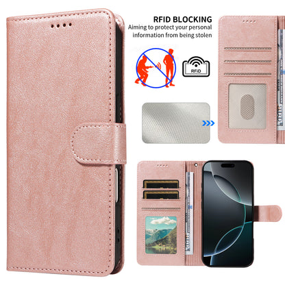 For iPhone 18 Pro Max / iPhone 17 Pro Max Case with Wrist Strap RFID Blocking Wallet Cowhide Texture Leather Phone Cover