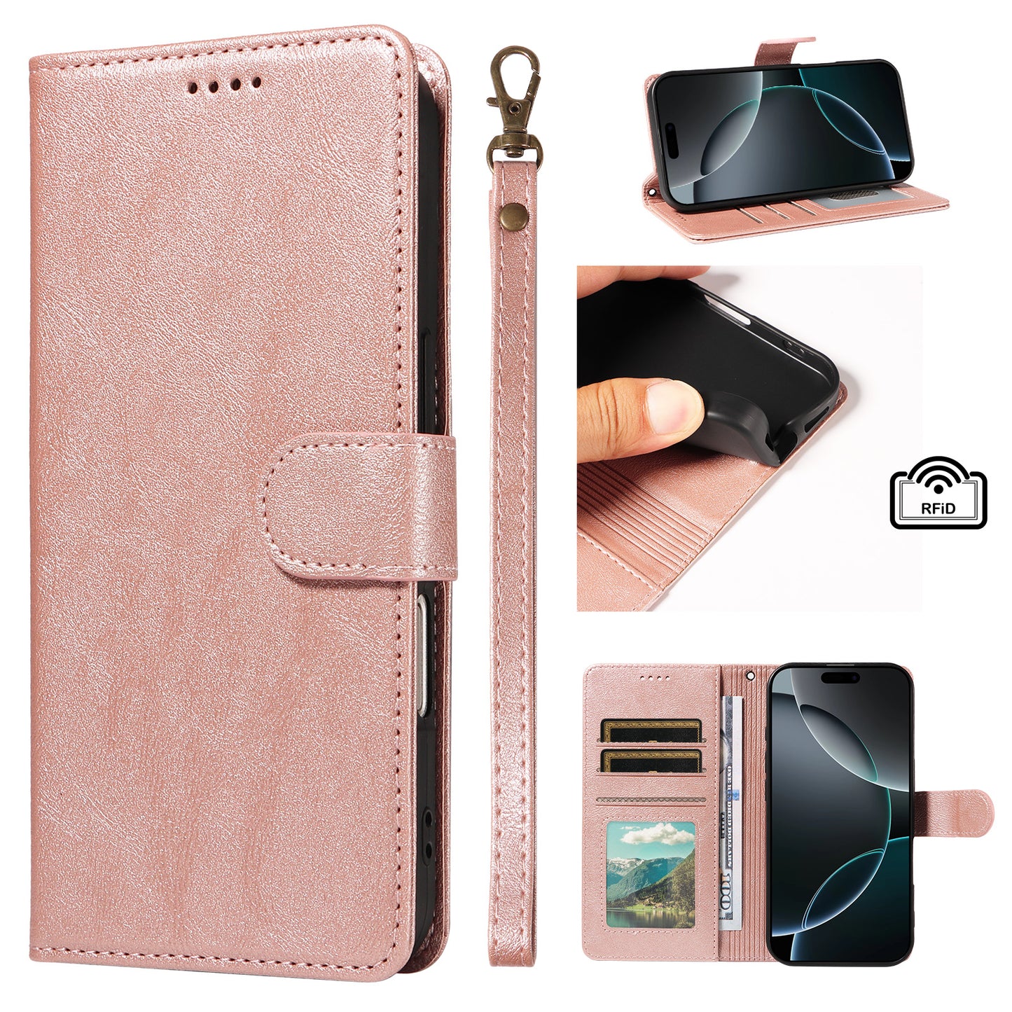 For iPhone 18 Pro Max / iPhone 17 Pro Max Case with Wrist Strap RFID Blocking Wallet Cowhide Texture Leather Phone Cover