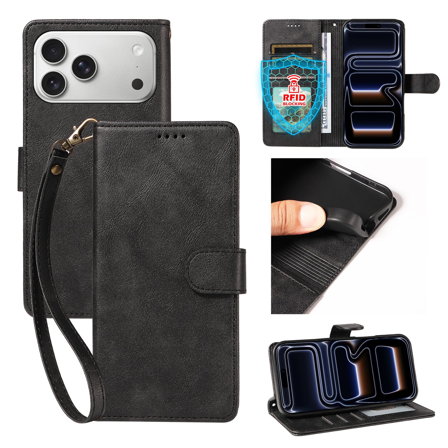 For iPhone 18 Pro Max / iPhone 17 Pro Max Case with Wrist Strap RFID Blocking Wallet Cowhide Texture Leather Phone Cover