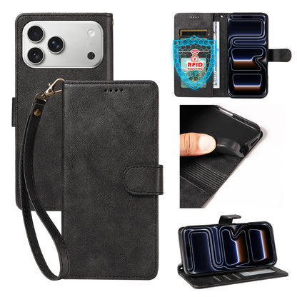 For iPhone 18 Pro Max / iPhone 17 Pro Max Case with Wrist Strap RFID Blocking Wallet Cowhide Texture Leather Phone Cover