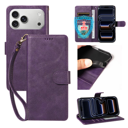 For iPhone 18 Pro Max / iPhone 17 Pro Max Case with Wrist Strap RFID Blocking Wallet Cowhide Texture Leather Phone Cover