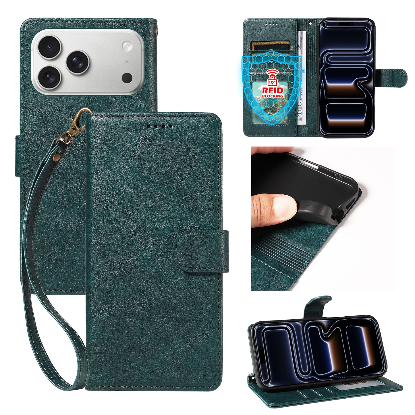 For iPhone 18 Pro Max / iPhone 17 Pro Max Case with Wrist Strap RFID Blocking Wallet Cowhide Texture Leather Phone Cover