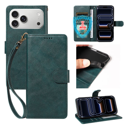 For iPhone 18 Pro Max / iPhone 17 Pro Max Case with Wrist Strap RFID Blocking Wallet Cowhide Texture Leather Phone Cover