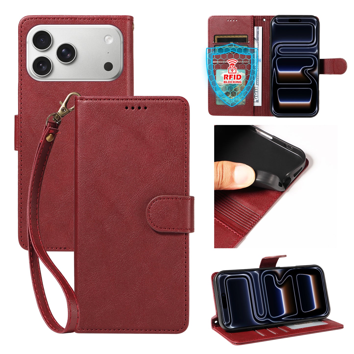 For iPhone 18 Pro Max / iPhone 17 Pro Max Case with Wrist Strap RFID Blocking Wallet Cowhide Texture Leather Phone Cover