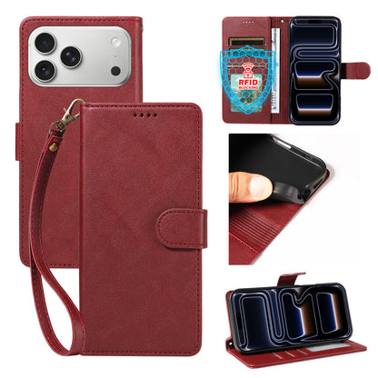 For iPhone 18 Pro Max / iPhone 17 Pro Max Case with Wrist Strap RFID Blocking Wallet Cowhide Texture Leather Phone Cover