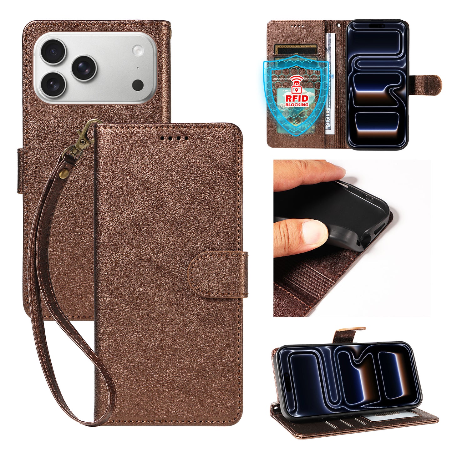 For iPhone 18 Pro Max / iPhone 17 Pro Max Case with Wrist Strap RFID Blocking Wallet Cowhide Texture Leather Phone Cover
