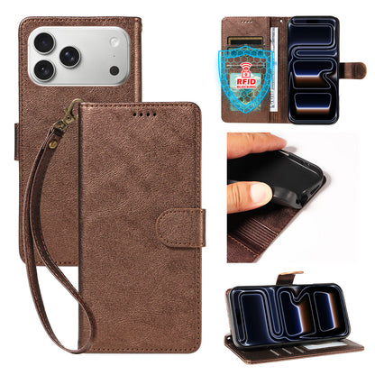 For iPhone 18 Pro Max / iPhone 17 Pro Max Case with Wrist Strap RFID Blocking Wallet Cowhide Texture Leather Phone Cover