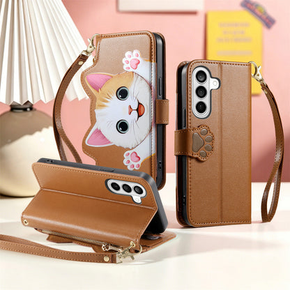 For Samsung Galaxy S26+ Case Cute Cat Pattern PU Leather Wallet Phone Cover with Wrist Strap