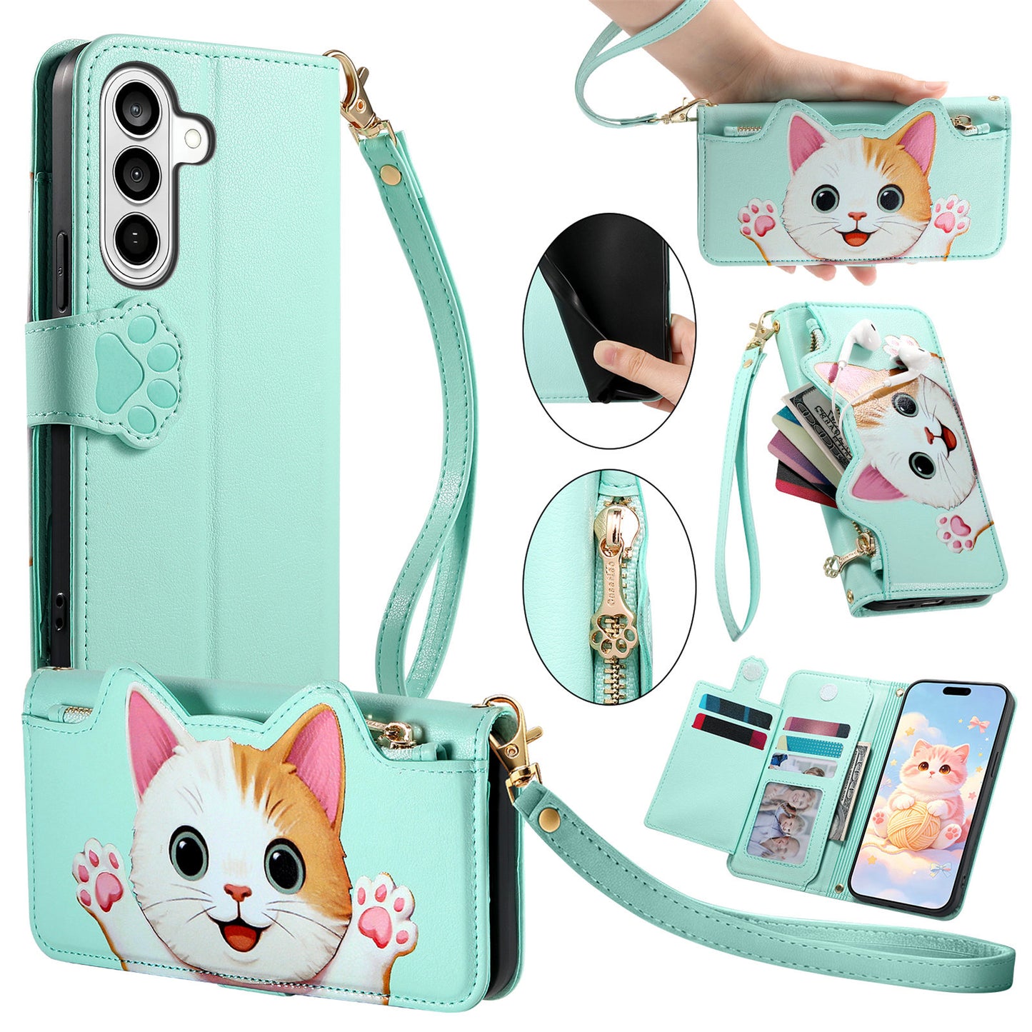 For Samsung Galaxy S26+ Case Cute Cat Pattern PU Leather Wallet Phone Cover with Wrist Strap